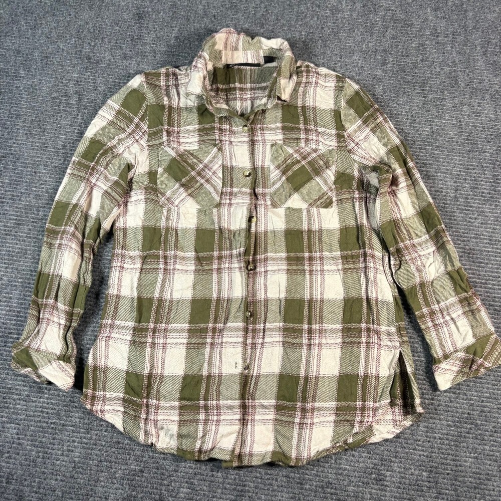 New York & Company Plaid Flannel Shirt Womens Medium Green Excellent Long Sleeve